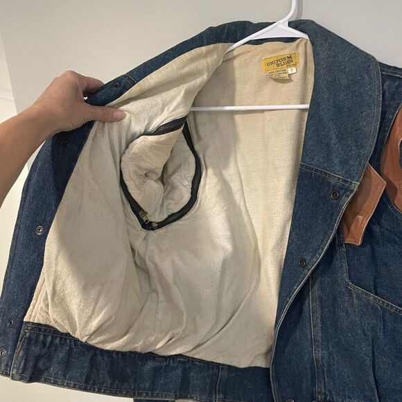 Vintage Jean Jacket Zip Off Sleeves Lined Snaps 1980s Faux Leather Accents Sz 7 - Picture 7 of 10